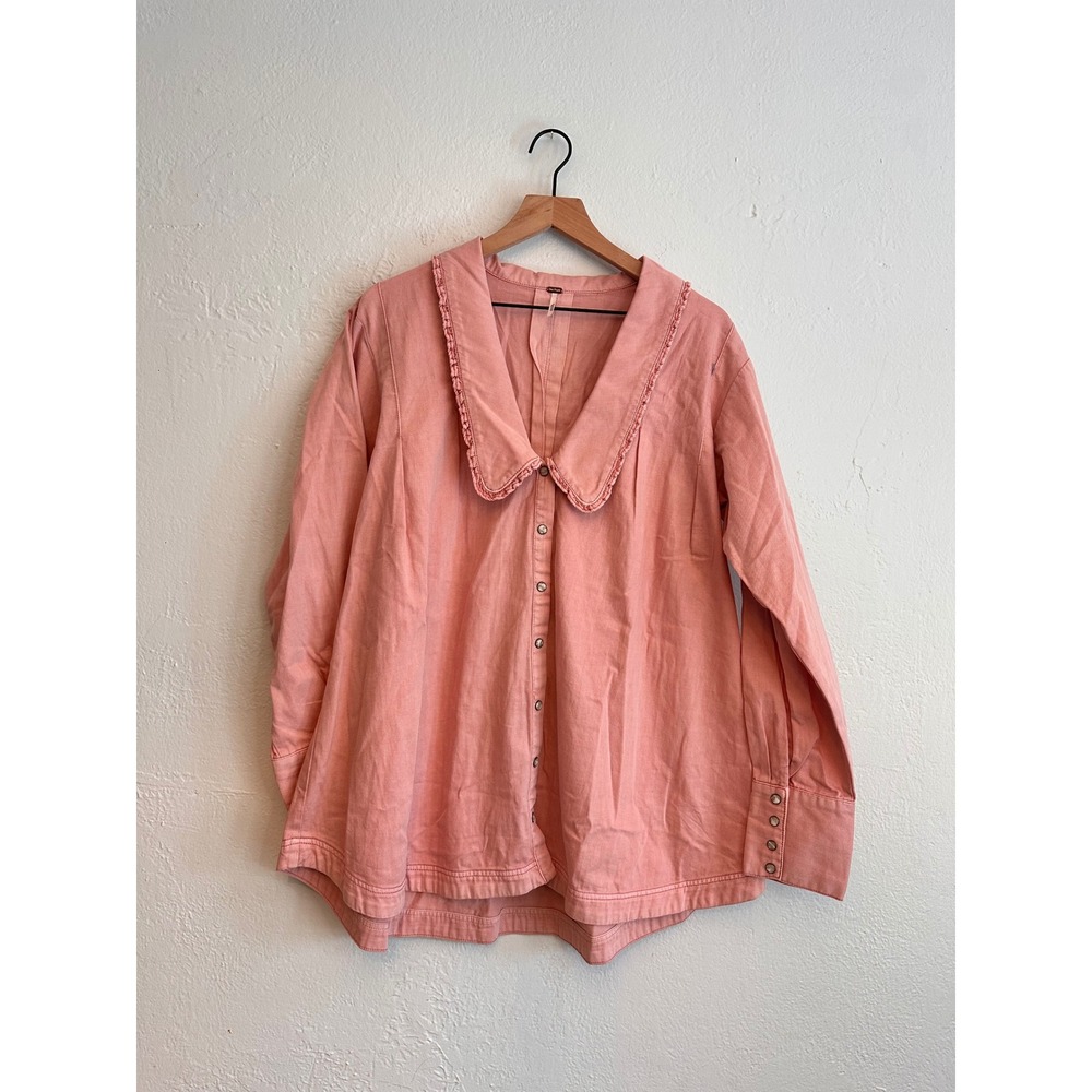 Free People Charlie Denim Shirt Pink Ruffle Peter Pan Collar Snap Front Small - Picture 3 of 6